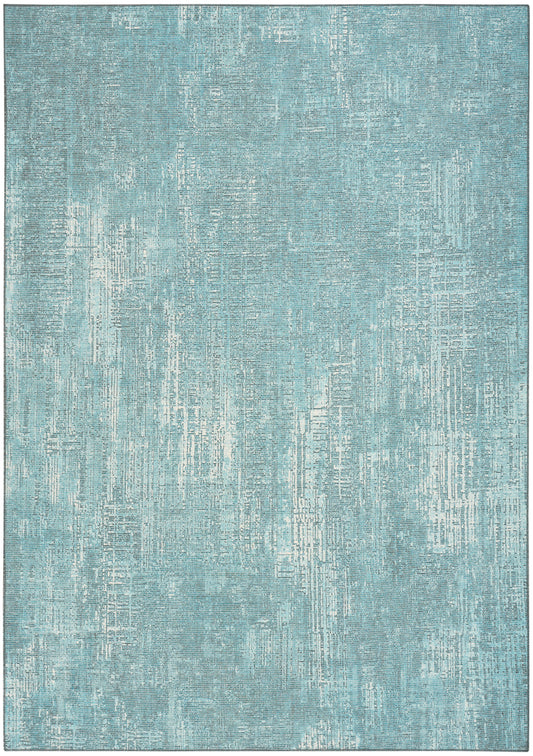 Rectangular teal rug with distressed light-blue brushstroke pattern; modern, textured look for living room or bedroom.