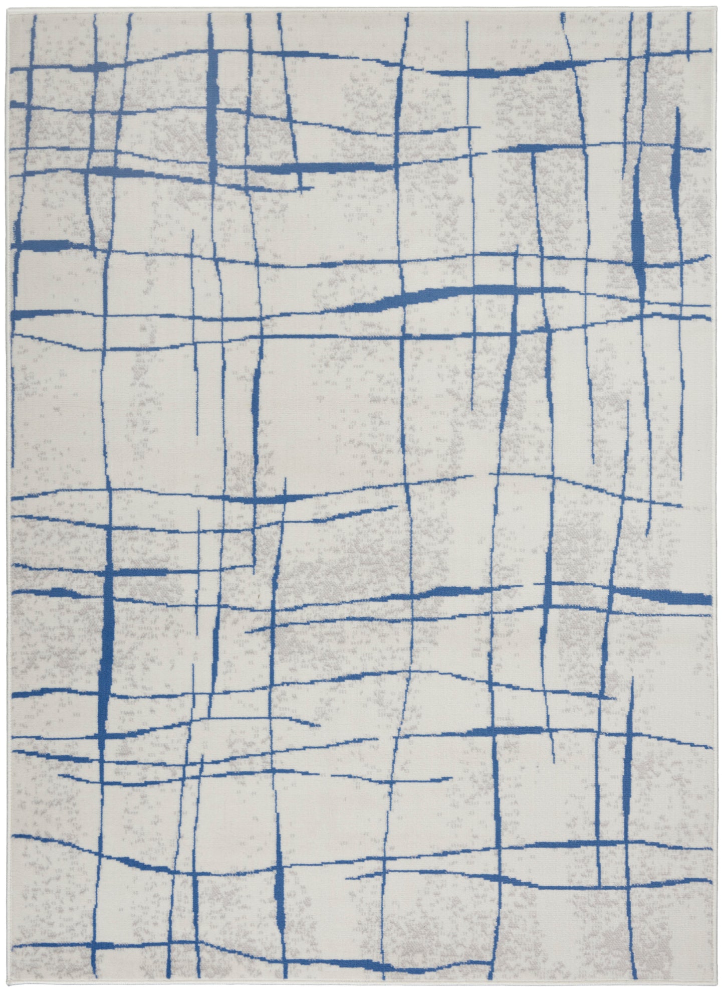 Rectangular cream rug with blue grid lines; modern geometric pattern.