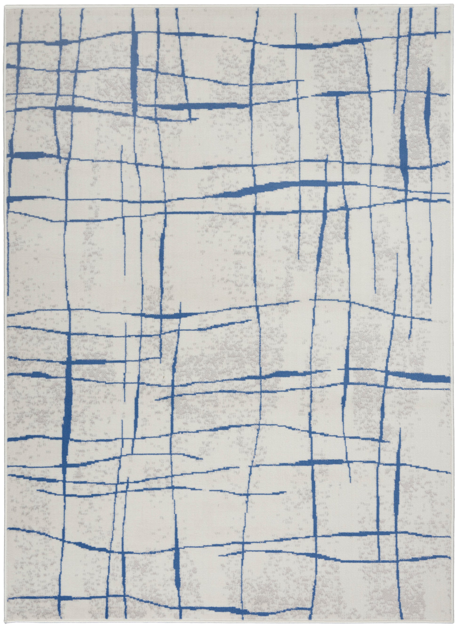 Rectangular cream rug with blue grid lines; modern geometric pattern.