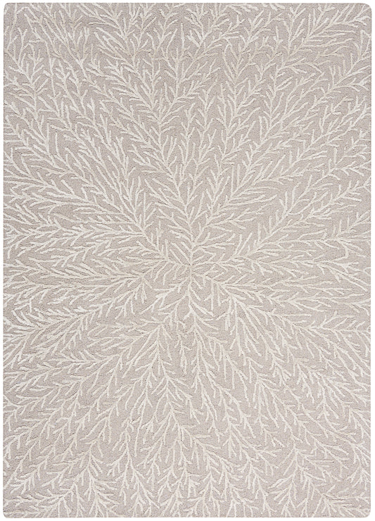 Taupe rug with ivory branching motif, soft textured surface, modern rectangular decorative rug.
