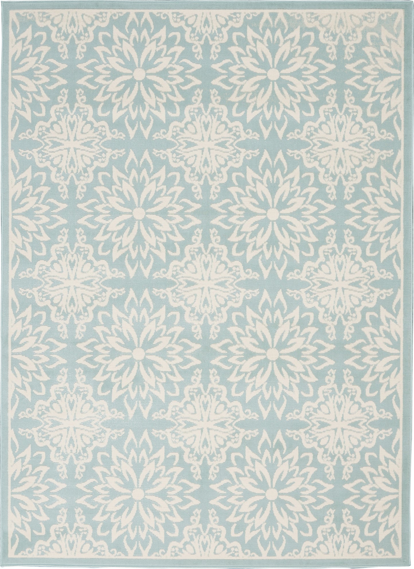 Turquoise rug with large white ornate medallion florals, repeating pattern & pale border.