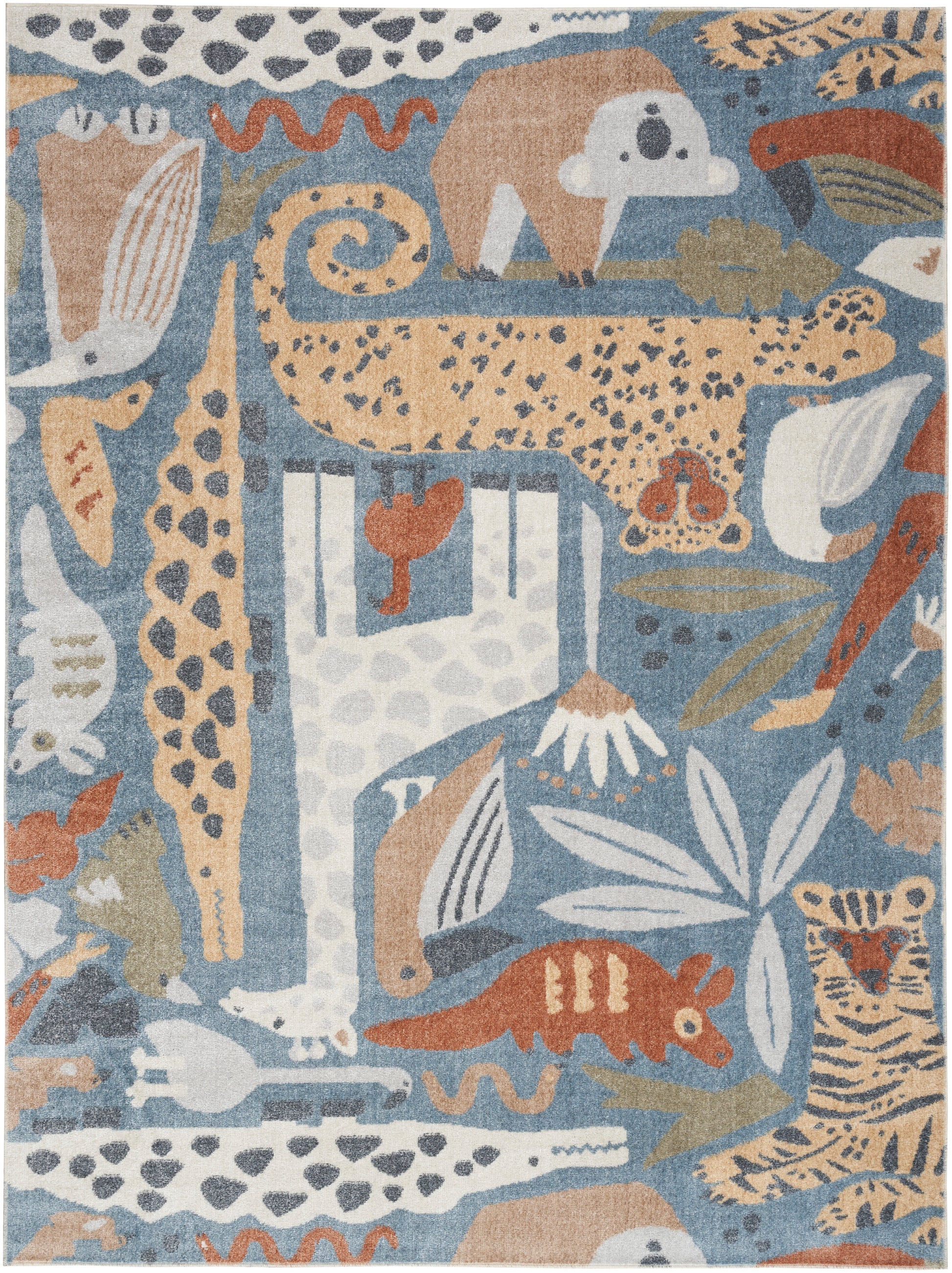 Abstract animal-pattern rug with blue, tan, beige and orange; elephants, leopards and birds in a folk-art woven design.