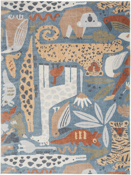 Abstract animal-pattern rug with blue, tan, beige and orange; elephants, leopards and birds in a folk-art woven design.