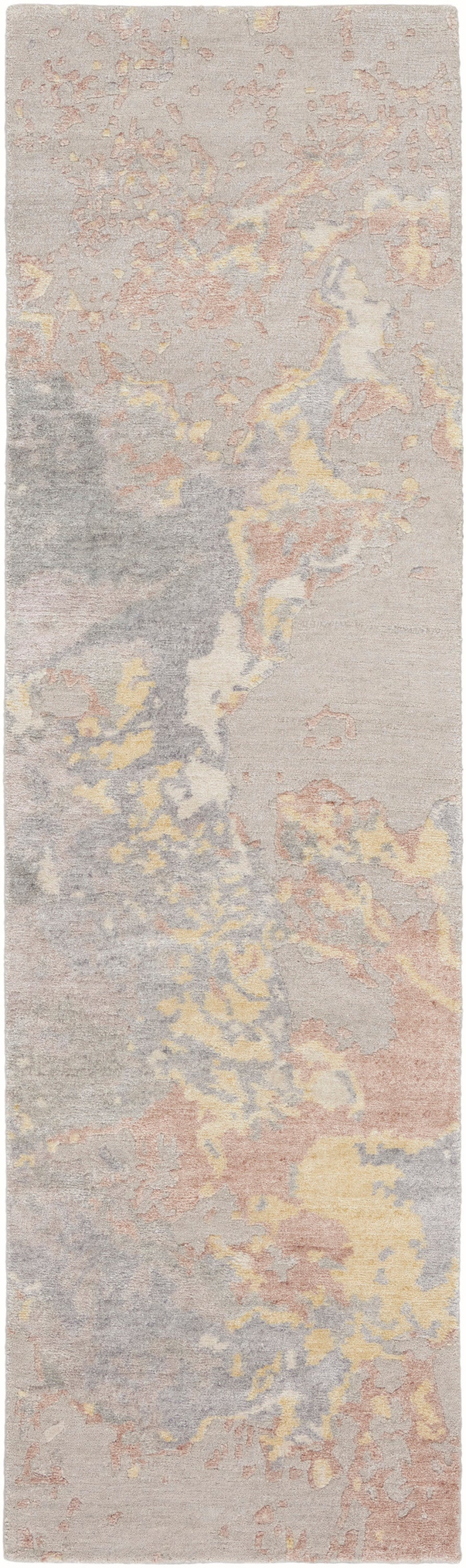 Long pastel abstract rug runner with soft pink, yellow, gray and beige tones in a marbled pattern for modern hallways.