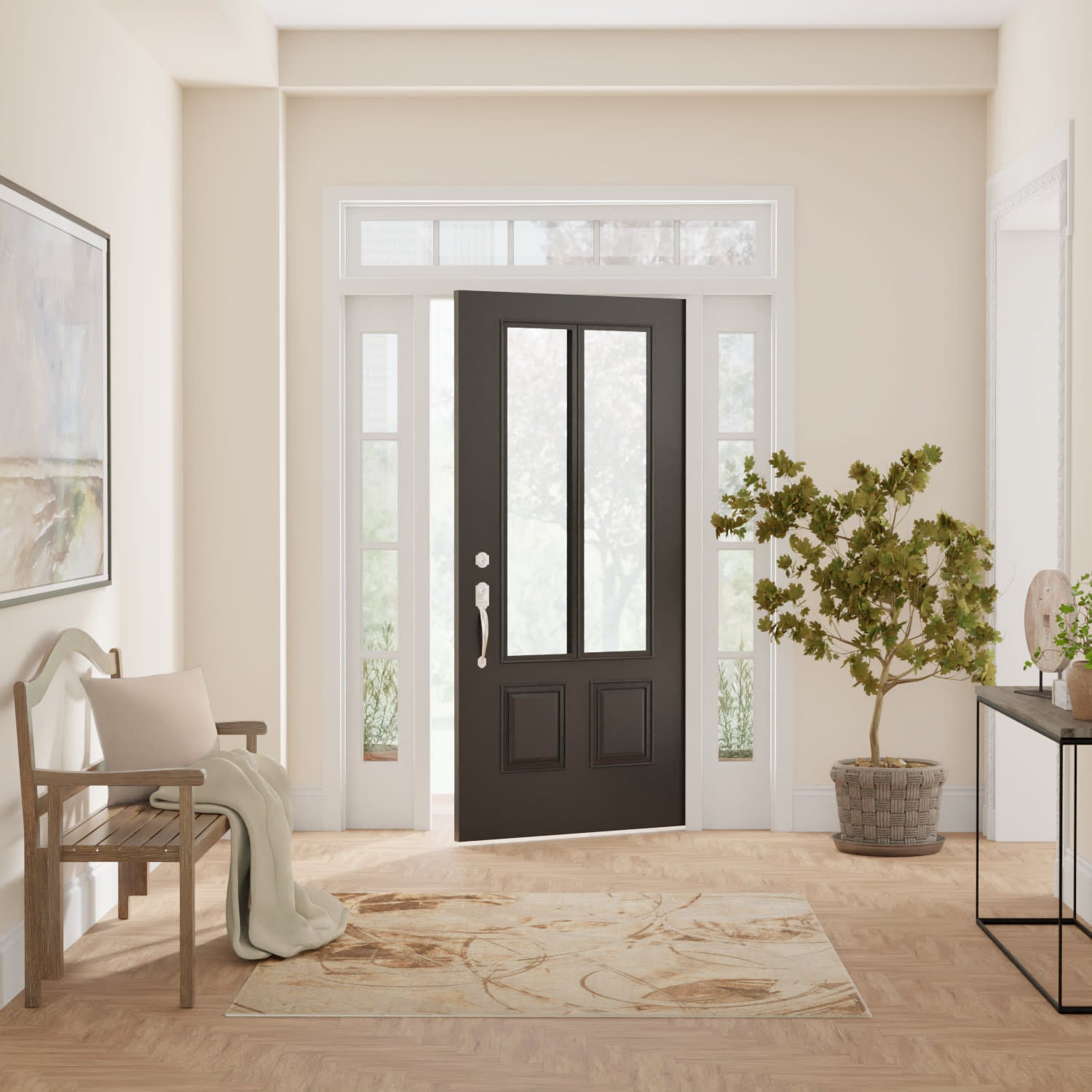 Black front door with glass panels and sidelights in a bright foyer, beige walls, light wood floor, rug, bench, plant.