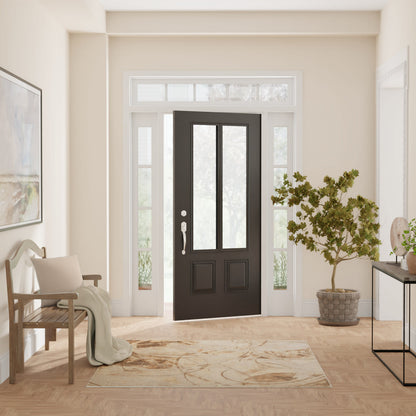 Black front door with glass panels and sidelights in a bright foyer, beige walls, light wood floor, rug, bench, plant.