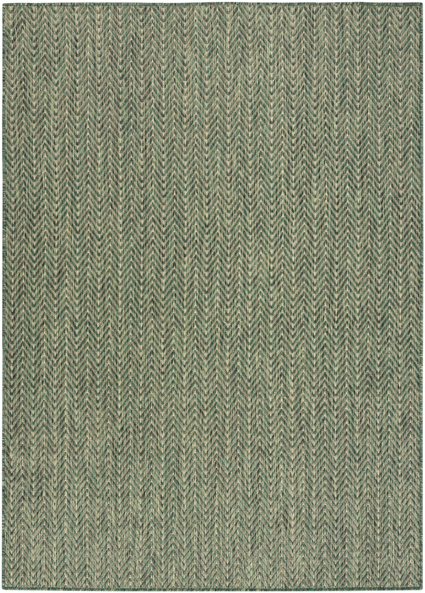 Rectangular green chevron-herringbone woven rug with subtle beige flecks, textured indoor decor.
