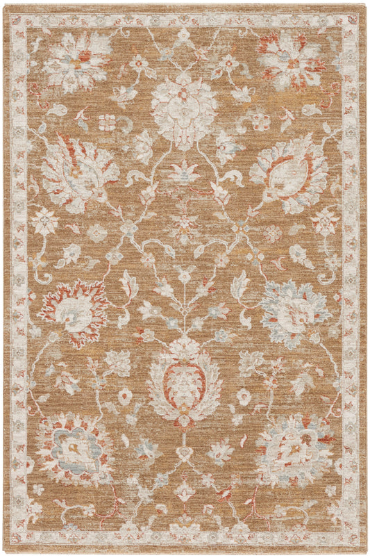Rectangular oriental rug in warm tan with ivory border; cream, blue & pink floral vine motifs.