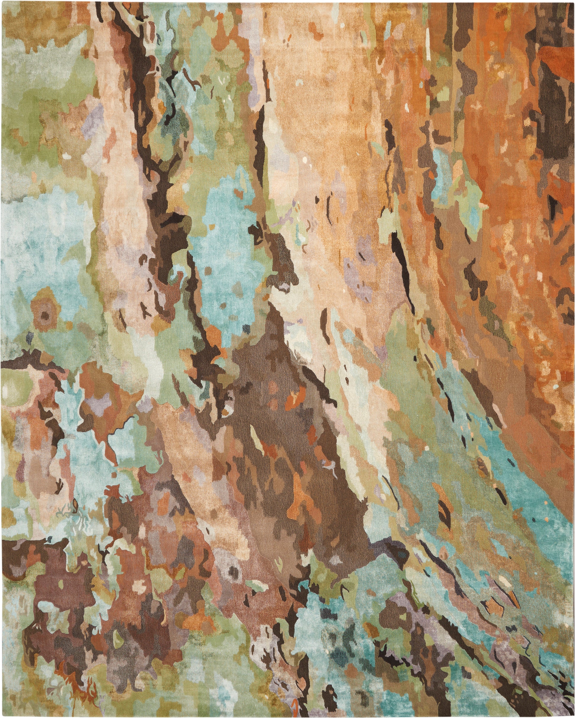 Abstract multicolor rug design in warm oranges, browns, greens, and blues; plush textured pile rug, 12' x 15'.
