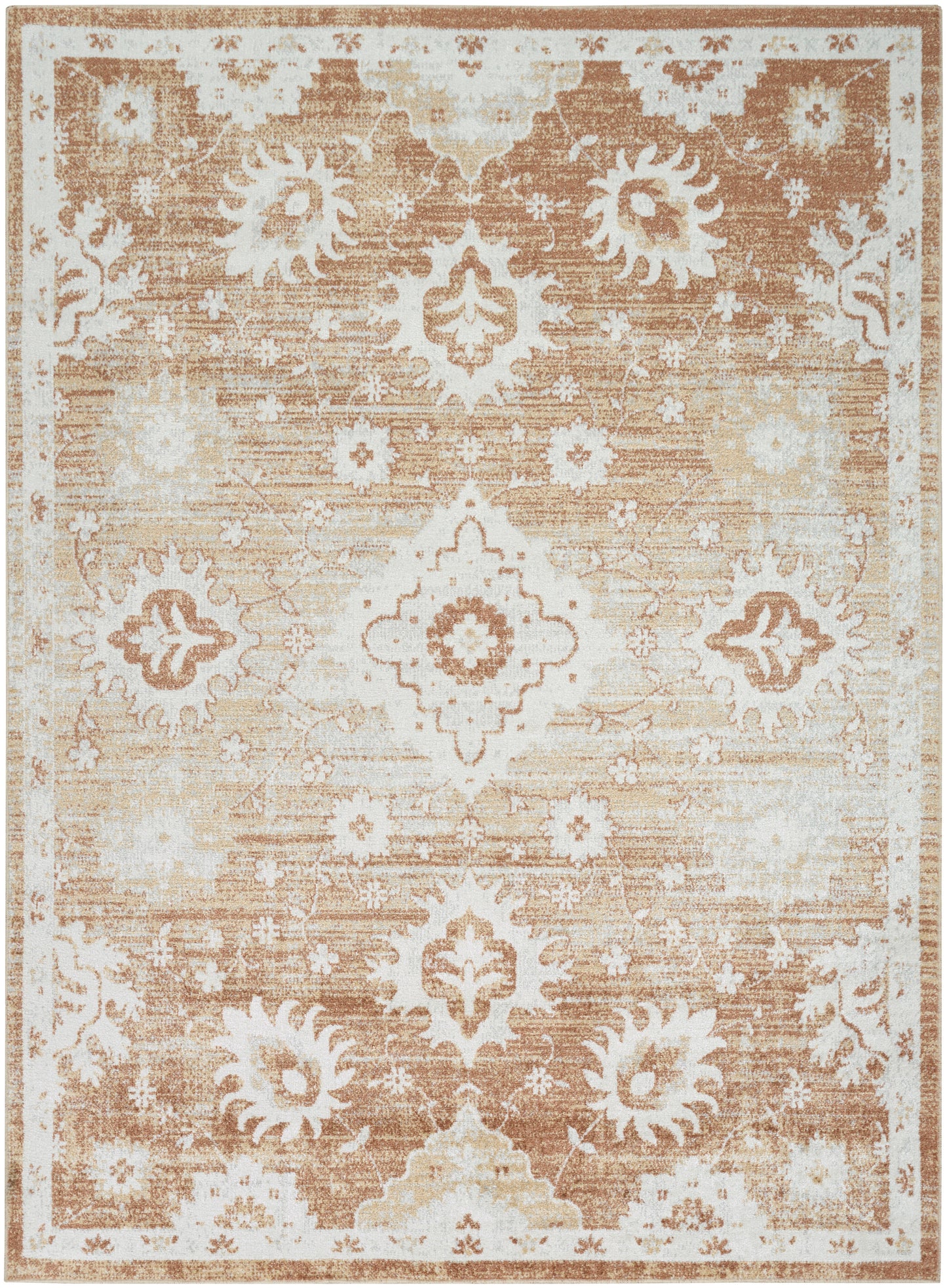 Rectangular distressed beige-brown oriental area rug with white floral medallions and ornate border.