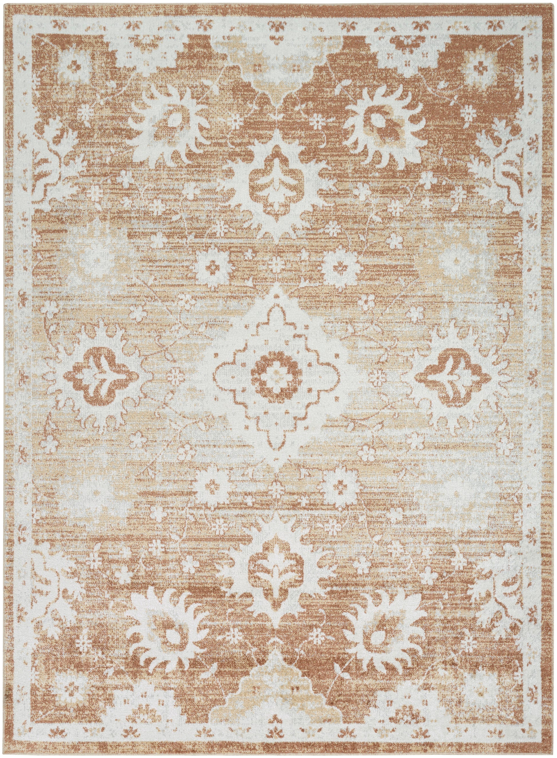 Rectangular distressed beige-brown oriental area rug with white floral medallions and ornate border.