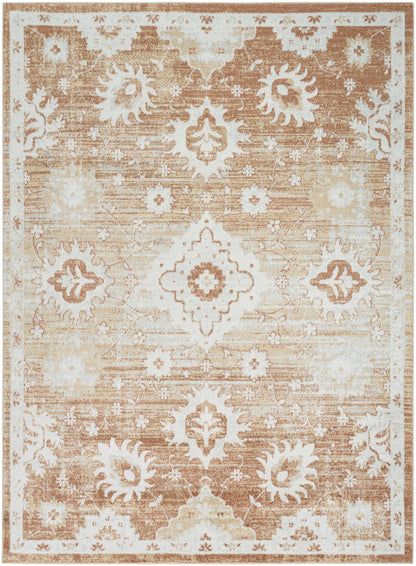 Rectangular distressed beige-brown oriental area rug with white floral medallions and ornate border.