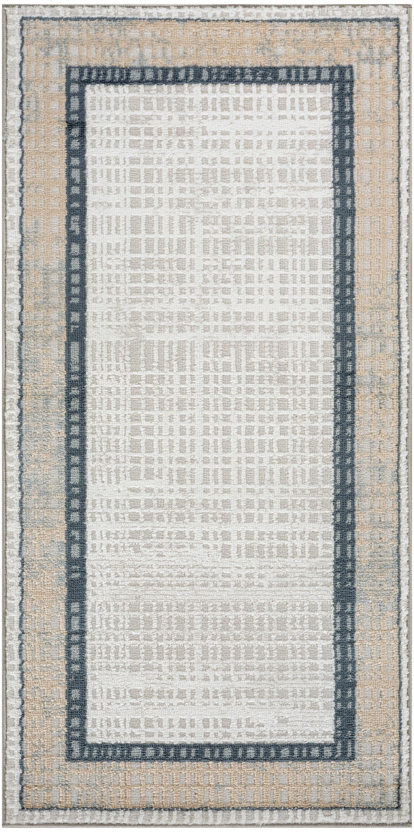 Rectangular woven rug with beige outer border & navy inner frame, cream center; modern geometric, versatile for living room.