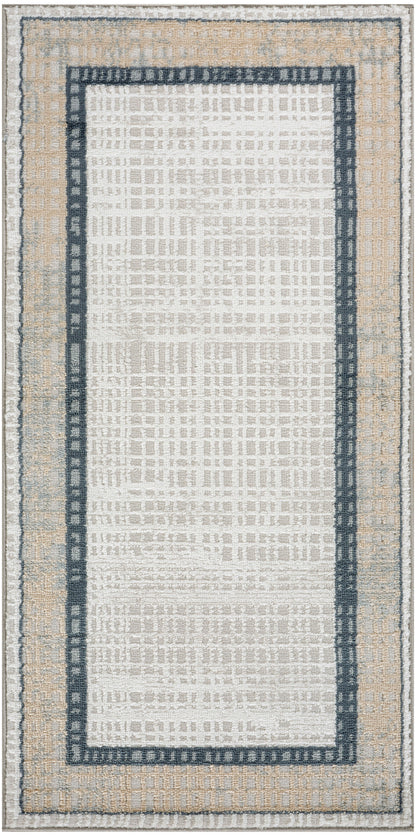 Rectangular woven rug with beige outer border & navy inner frame, cream center; modern geometric, versatile for living room.