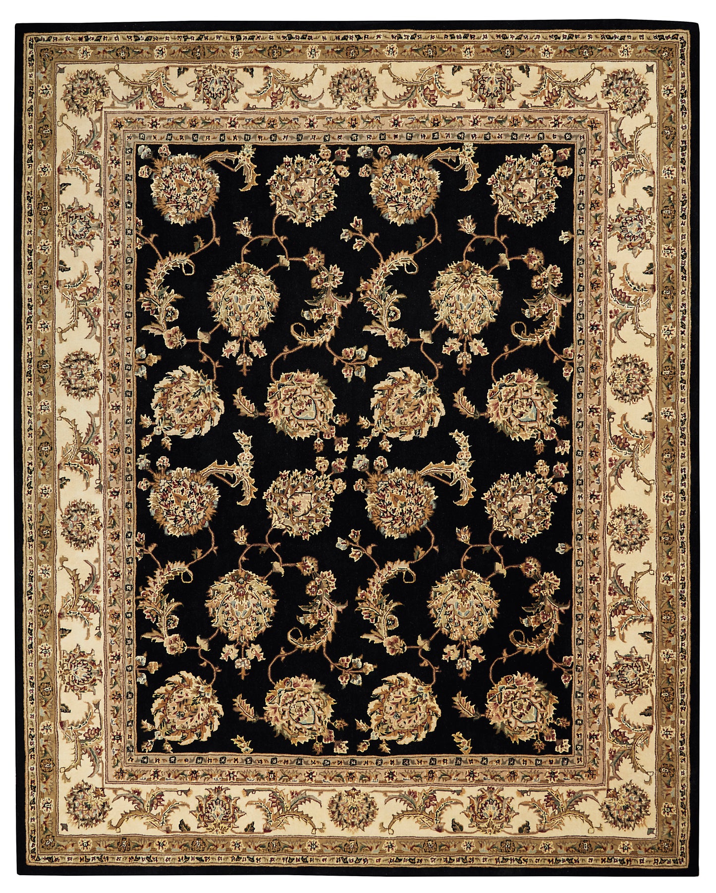 Rectangular black rug with gold floral damask pattern and beige ornate border; traditional Persian-inspired decorative piece.