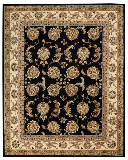 Rectangular black rug with gold floral damask pattern and beige ornate border; traditional Persian-inspired decorative piece.