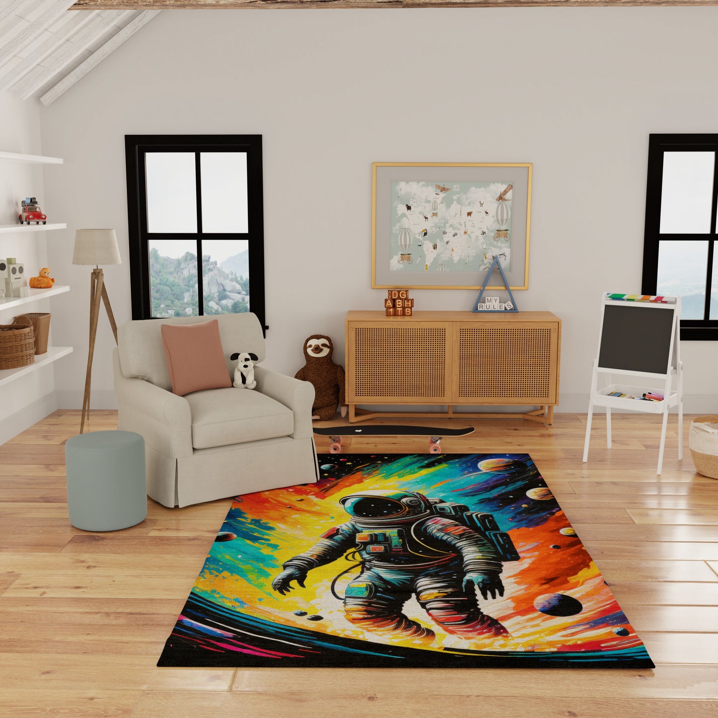 Soft, multicolor space-themed area rug with an astronaut amid vibrant blues, yellows, and oranges in a cozy kids' playroom.