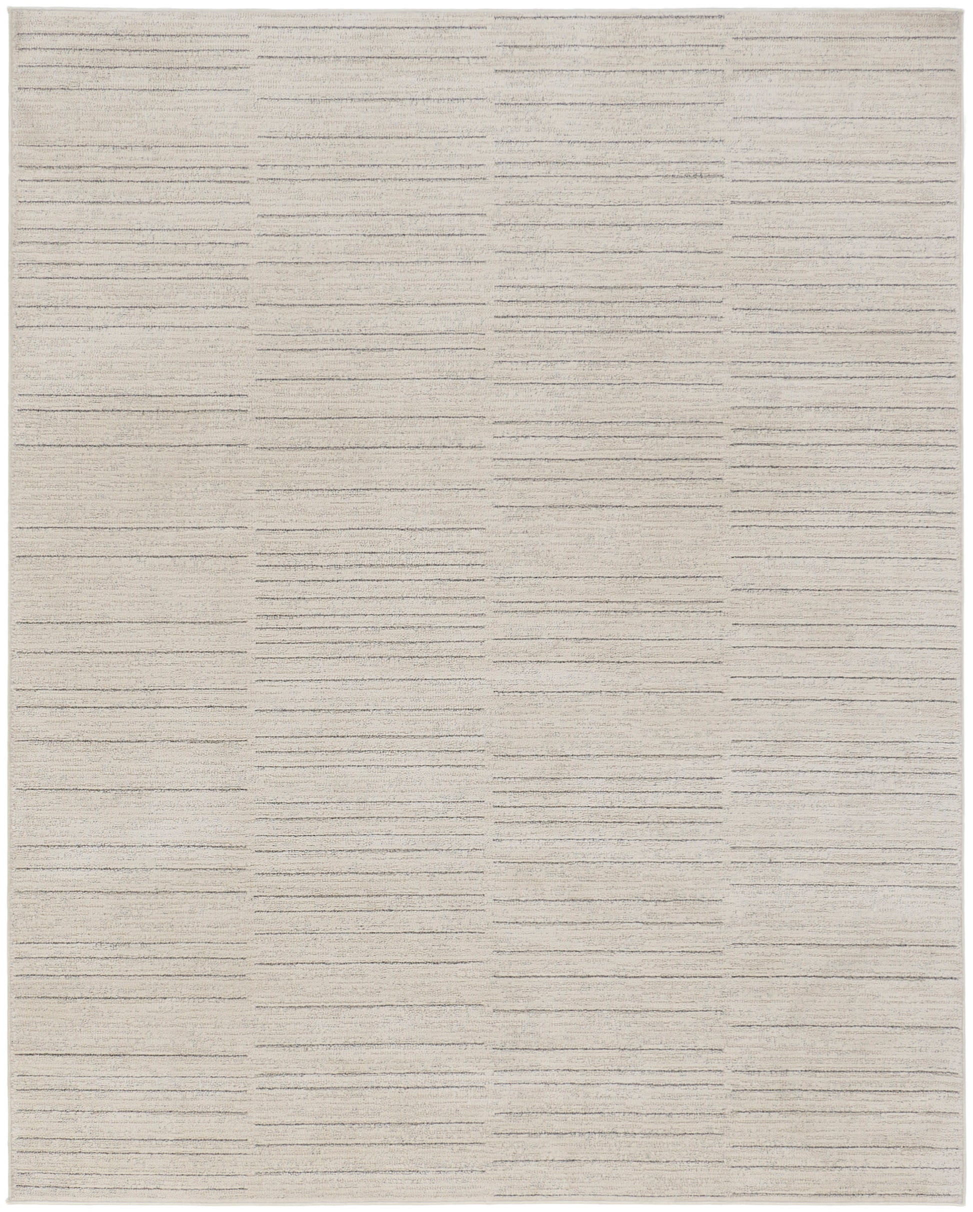 Cream woven rug with subtle horizontal stripe pattern & 8' x 10', soft, neutral texture.