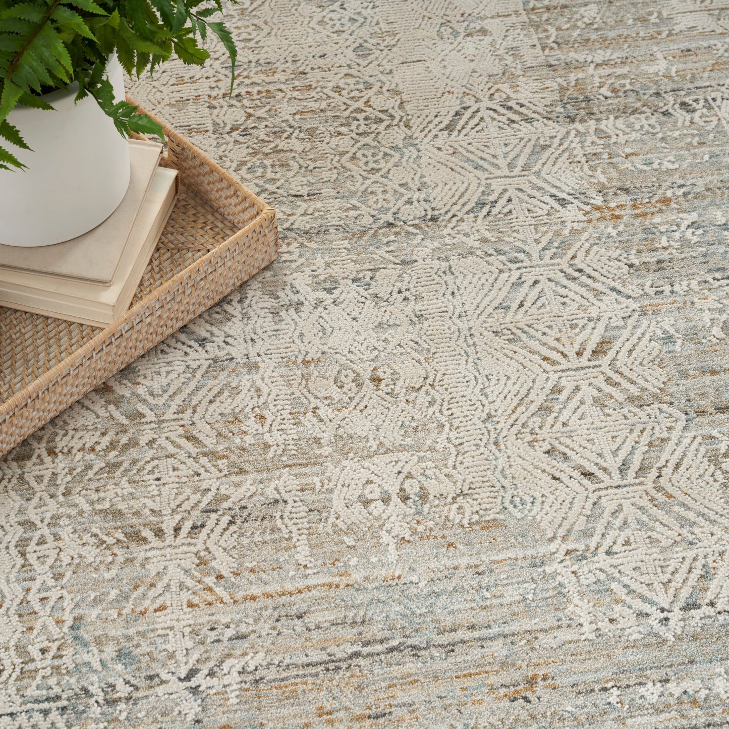 Beige distressed geometric area rug with pale blue accents; woven rattan tray, stack of books, and white potted plant.