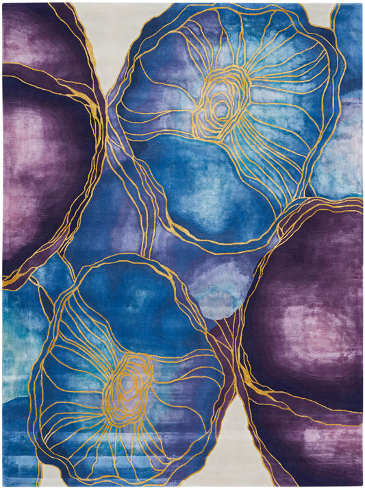 Abstract floral area rug with blue and purple petals outlined in gold on a cream background.