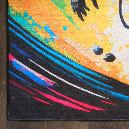 Abstract textured canvas with curved blue, pink, white stripes over black; yellow-orange area with teal accents.