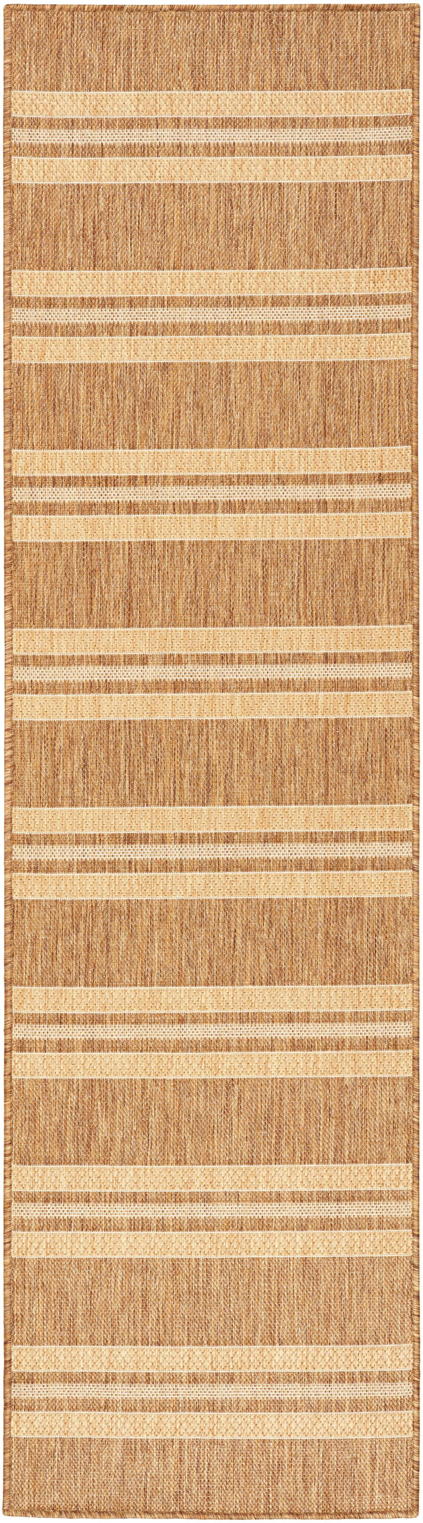 Long natural jute rug with alternating beige bands on a warm brown weave; rustic coastal style.