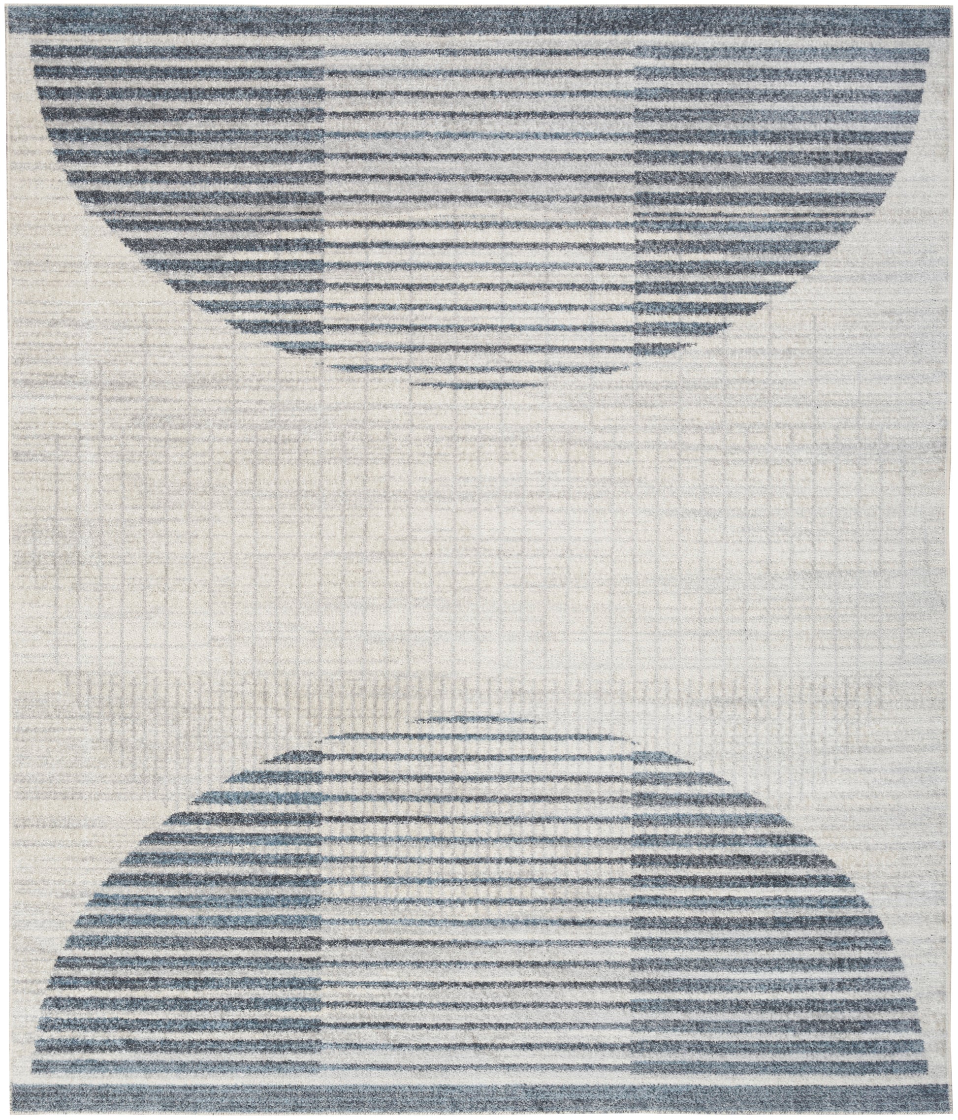 Beige rug with mirrored navy blue striped semicircles on top and bottom, geometric modern design.