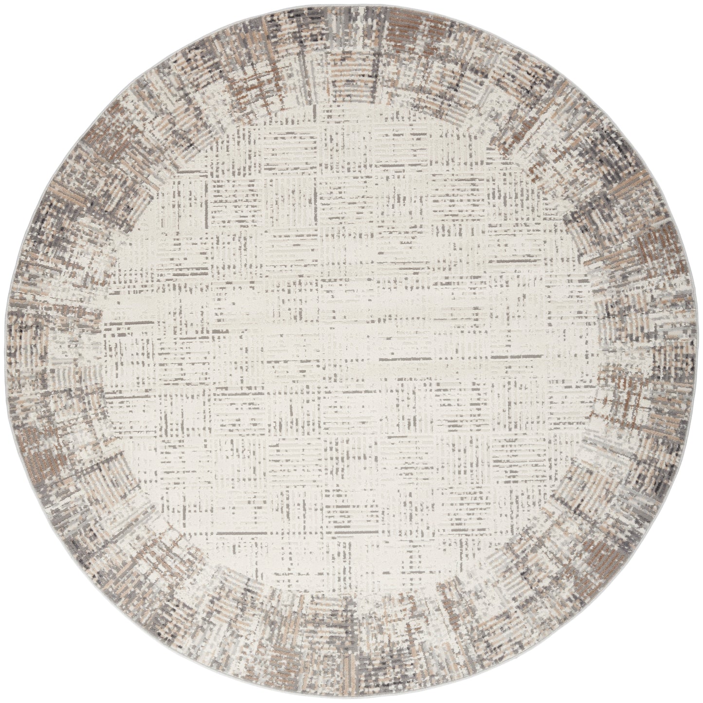 Round rug with cream center and distressed beige-taupe border, textured woven pattern.