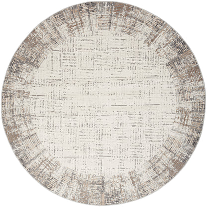 Round rug with cream center and distressed beige-taupe border, textured woven pattern.