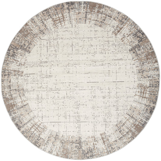 Round rug with cream center and distressed beige-taupe border, textured woven pattern.