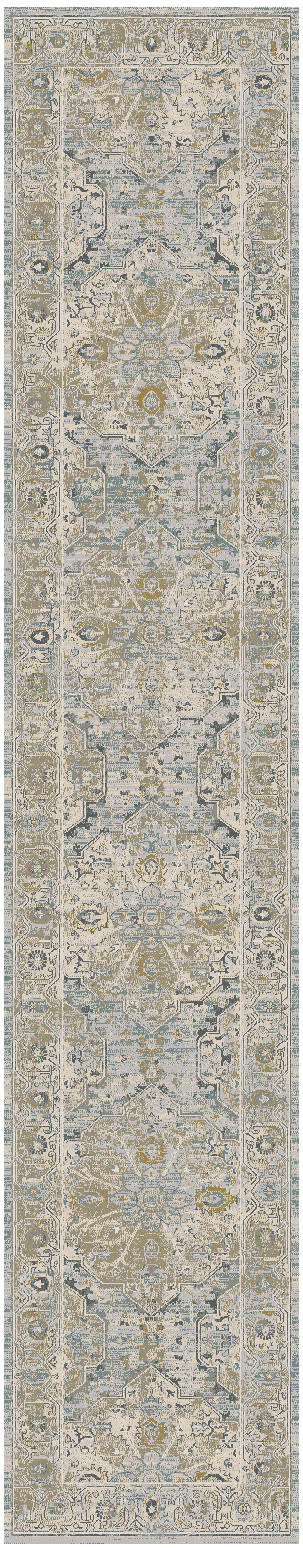 Long Persian-style runner rug with faded medallion motifs in ivory, beige, blue, and gray.
