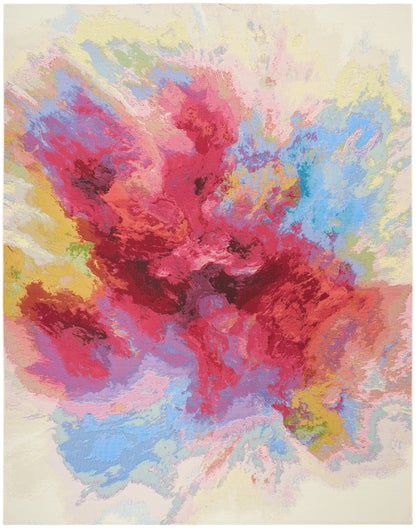 Abstract color-burst painting on canvas with pinks, reds, blues, and yellows against a cream background.
