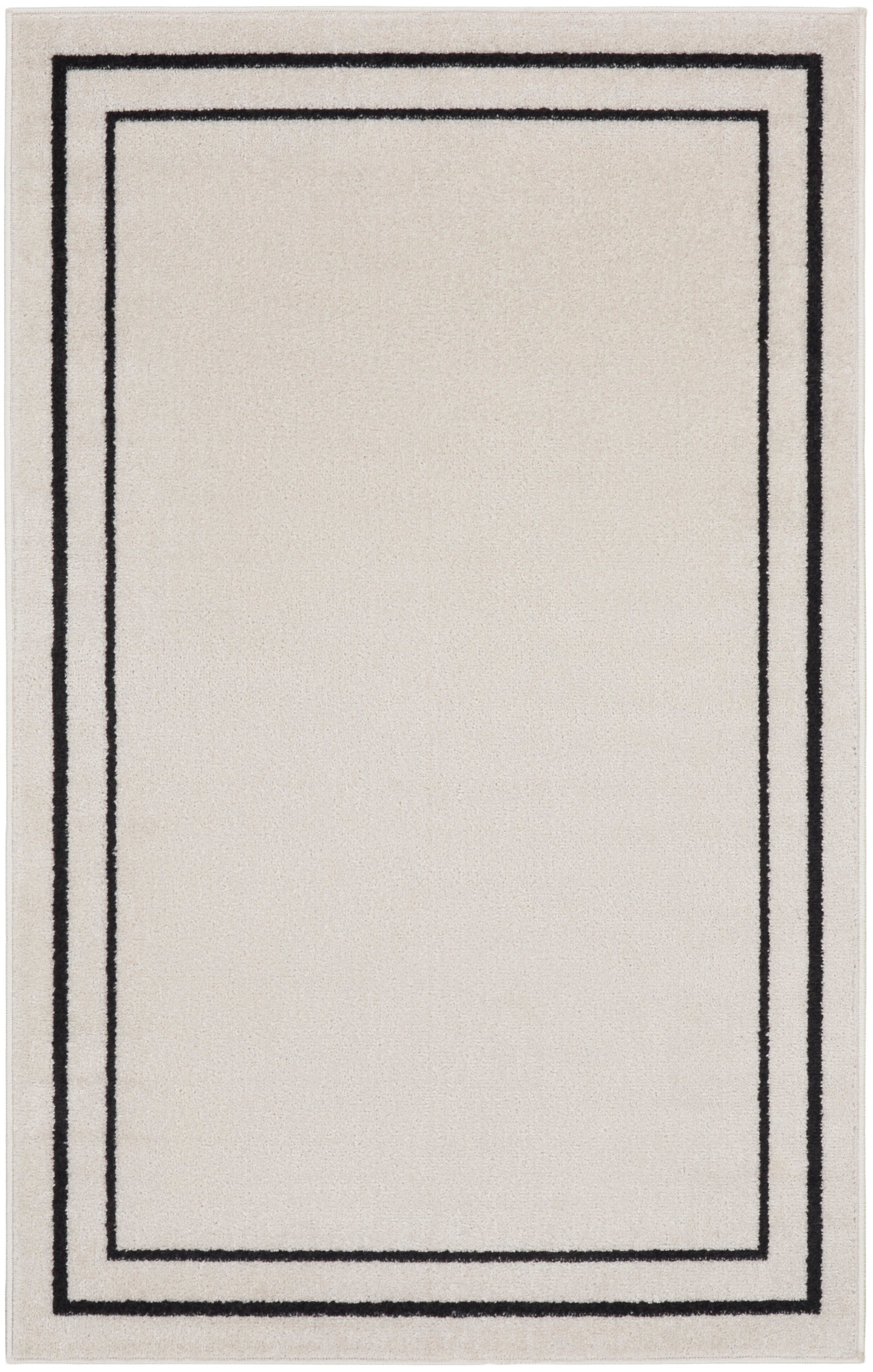 Beige rectangular rug with a black double border framing an inner rectangle; modern minimalist style.