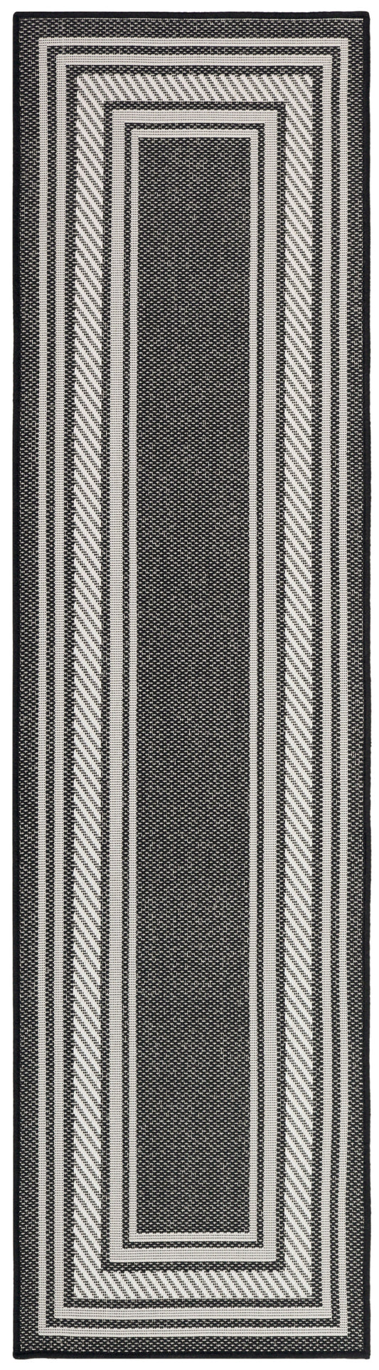 Black & ivory woven runner rug with concentric rectangular border pattern; ideal hallway decor.