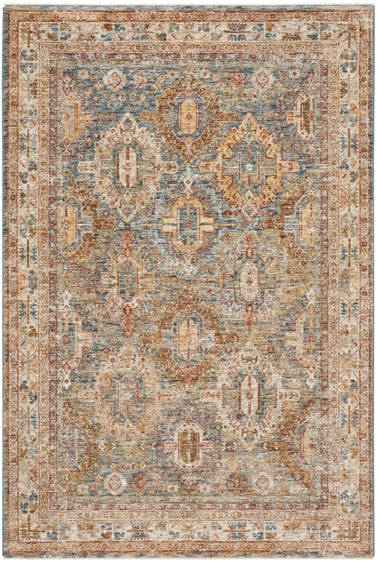 Rectangular oriental rug in blue, tan, and rust with multiple medallion motifs and ornate border; vintage distressed look.