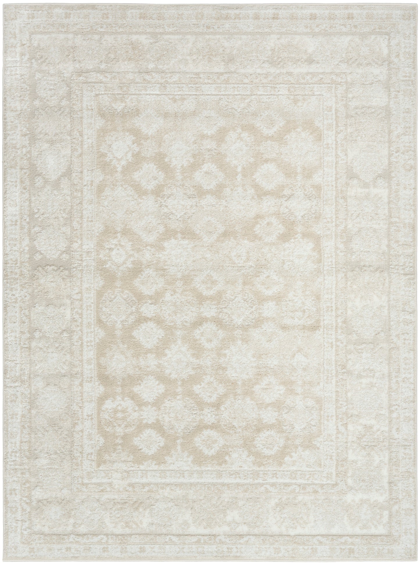 Cream ivory distressed oriental rug with pale floral damask center and outlined borders; rectangular, soft vintage look.
