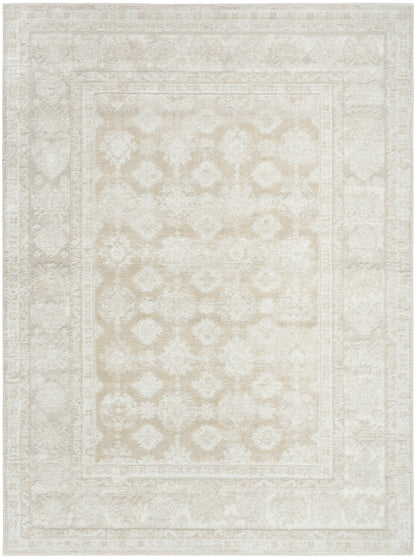 Cream ivory distressed oriental rug with pale floral damask center and outlined borders; rectangular, soft vintage look.