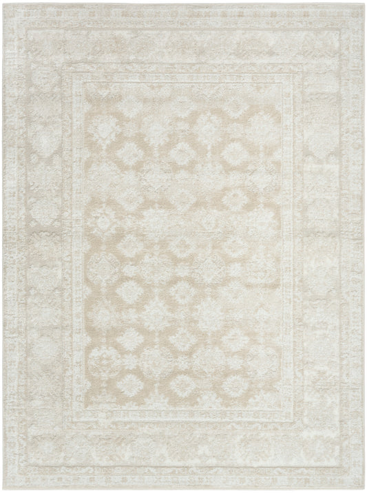 Cream ivory distressed oriental rug with pale floral damask center and outlined borders; rectangular, soft vintage look.