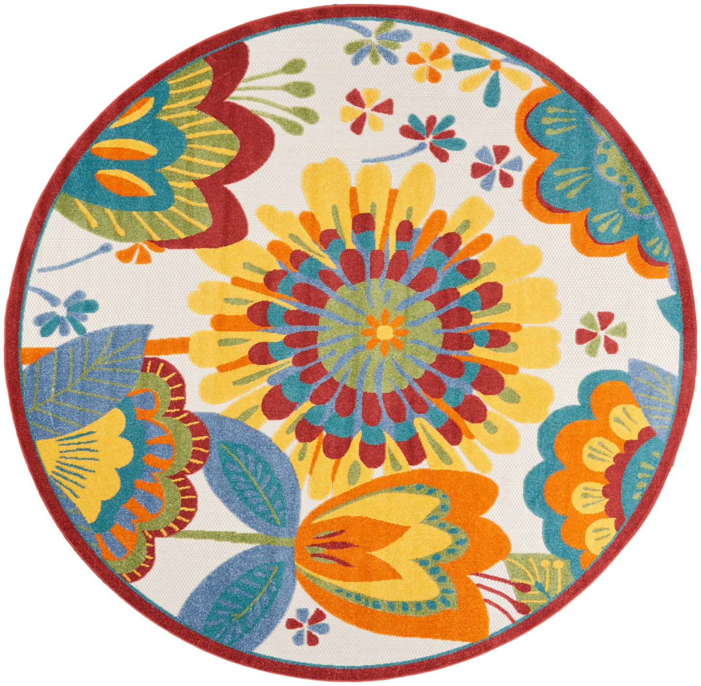 Round floral area rug with bright multicolor petals, cream background, red border.