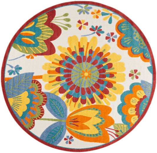 Round floral area rug with bright multicolor petals, cream background, red border.