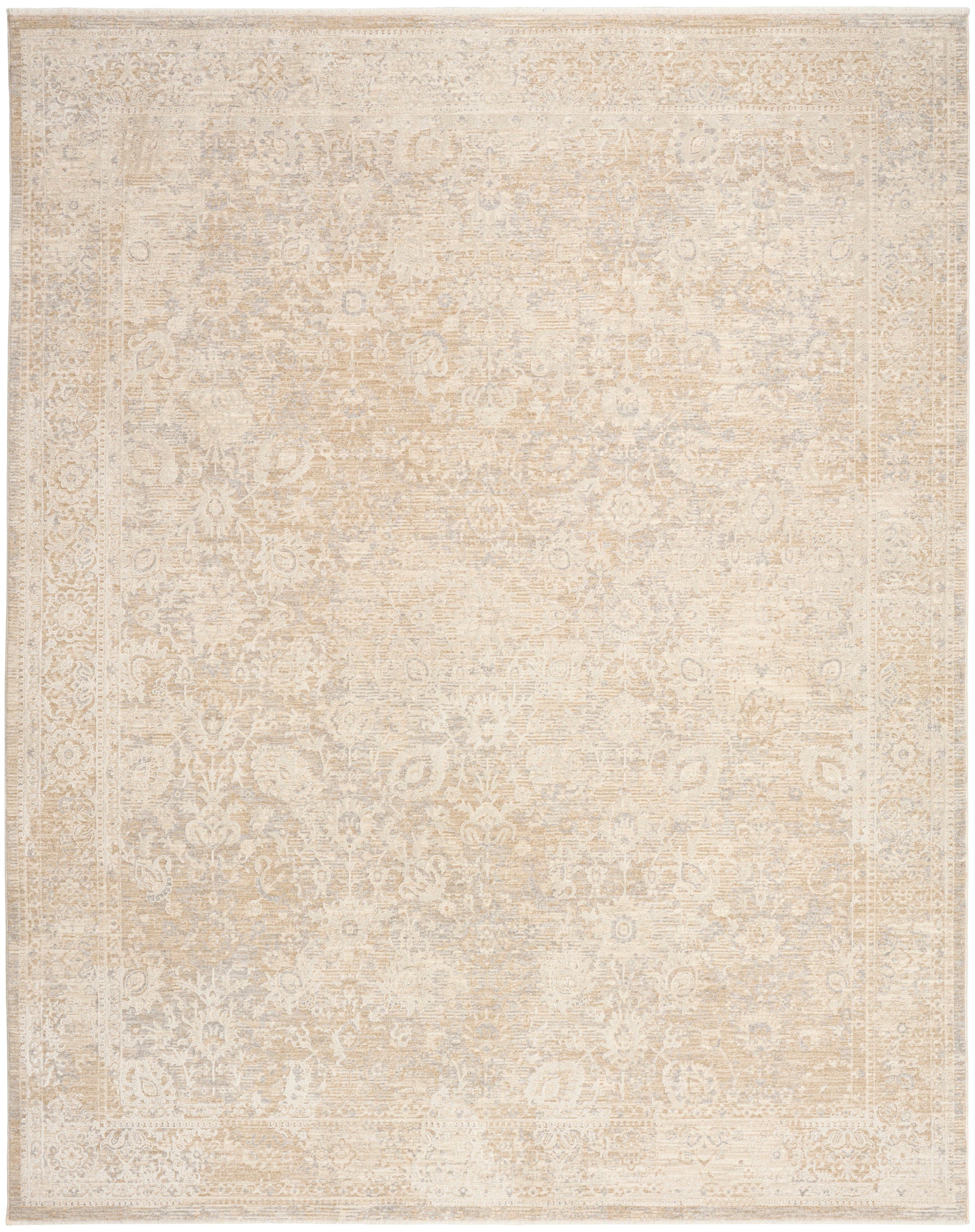 Rectangular neutral-toned rug in cream/beige with vintage oriental motif and decorative border.