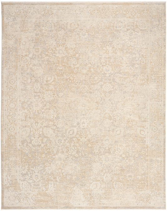 Rectangular neutral-toned rug in cream/beige with vintage oriental motif and decorative border.