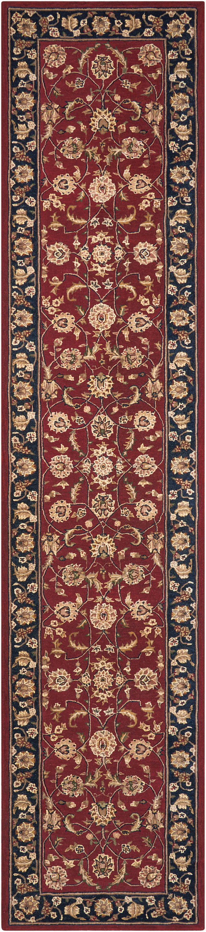 Long red oriental rug runner with gold floral motifs and a dark navy border.