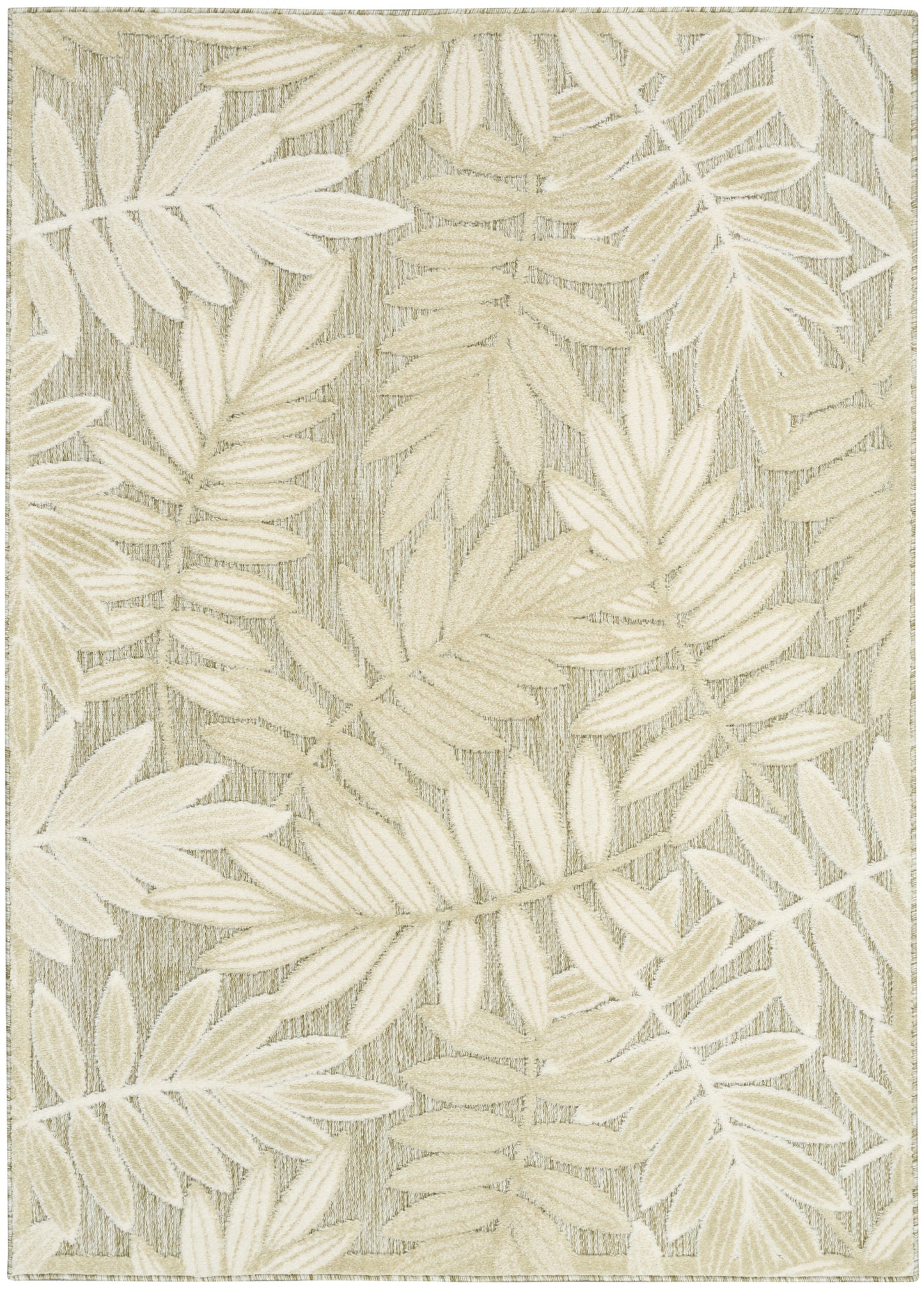 Cream leaf-pattern rug with a textured beige background and subtle taupe accents.