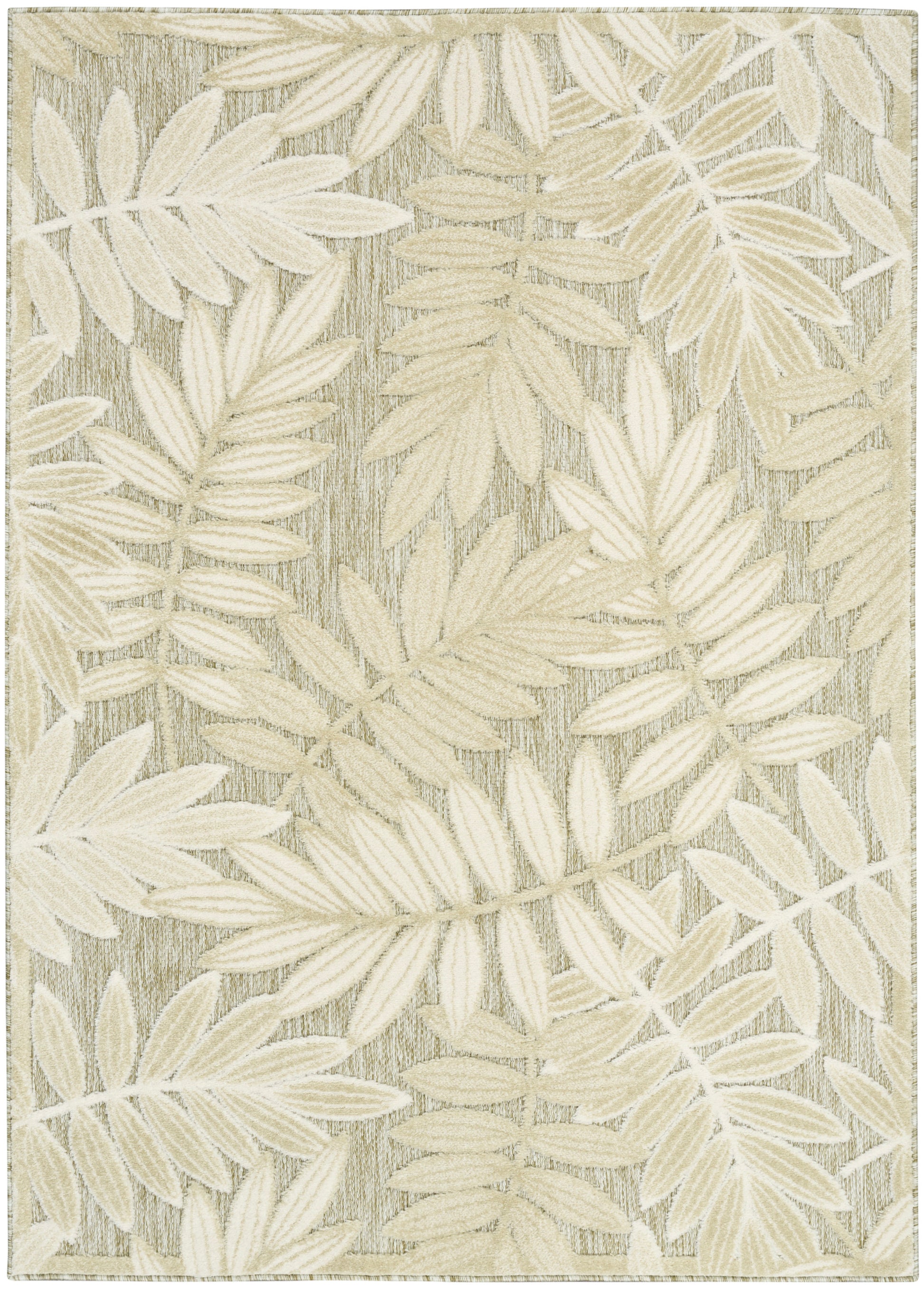 Cream leaf-pattern rug with a textured beige background and subtle taupe accents.