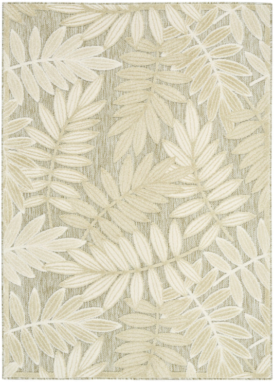Cream leaf-pattern rug with a textured beige background and subtle taupe accents.