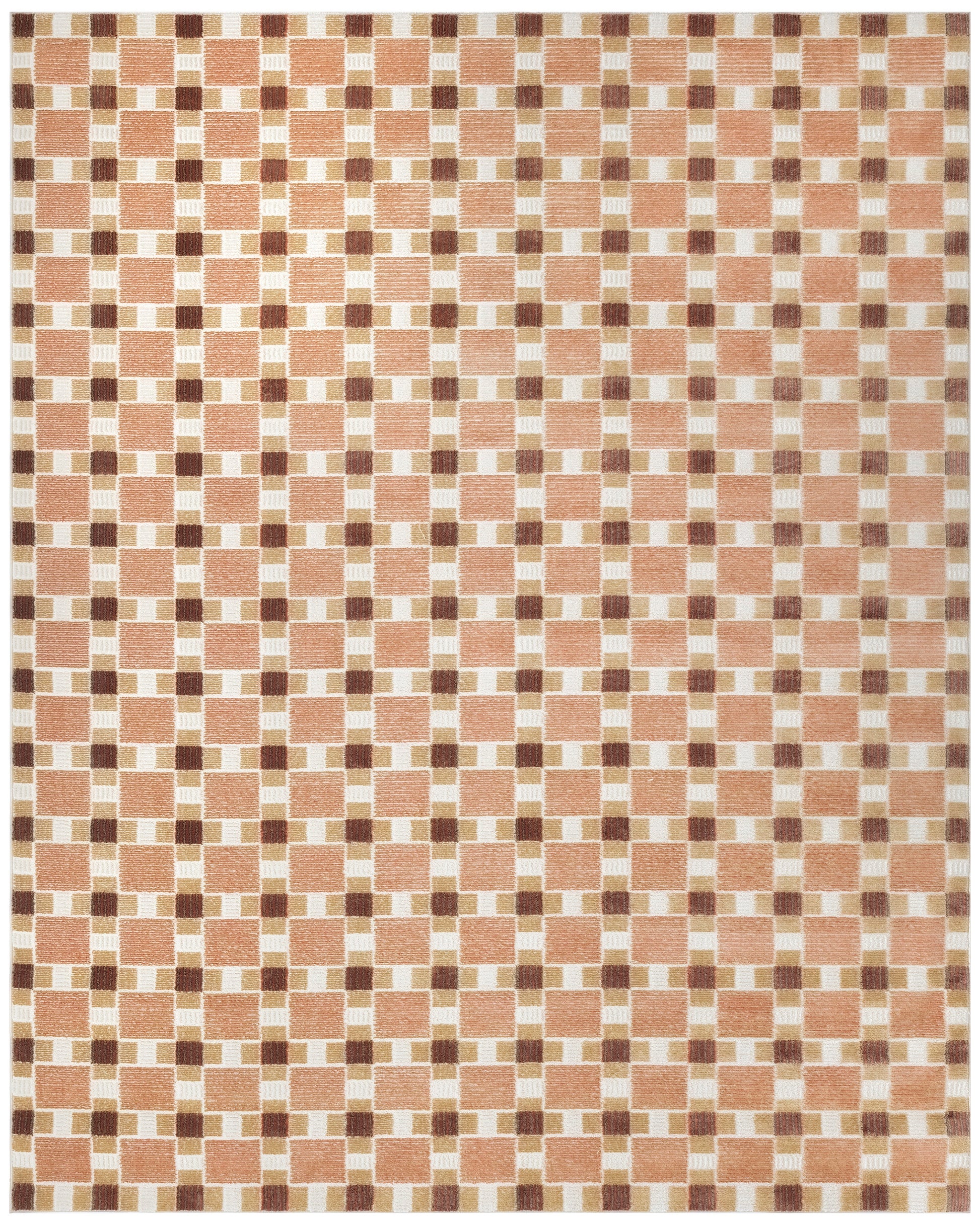 Rectangular rug with peach and cream checkerboard blocks and brown accent squares in a retro geometric design.