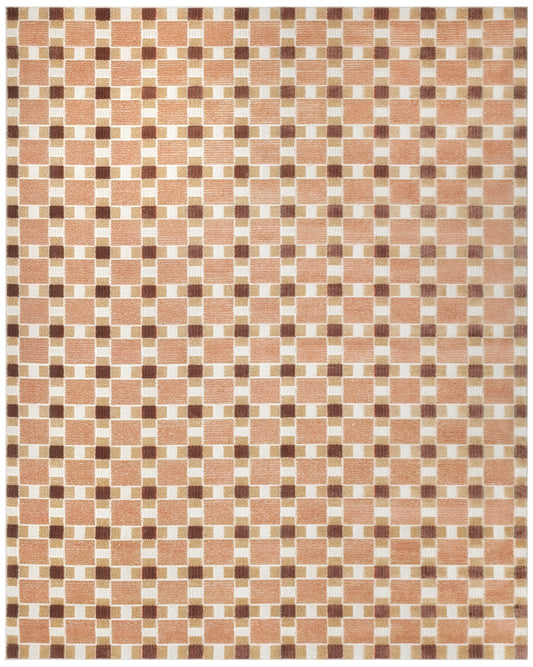 Rectangular rug with peach and cream checkerboard blocks and brown accent squares in a retro geometric design.