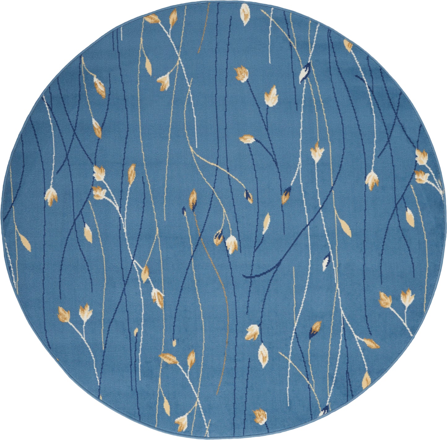 Round blue rug with slender white and gold botanical stems and leaves, modern abstract textile.