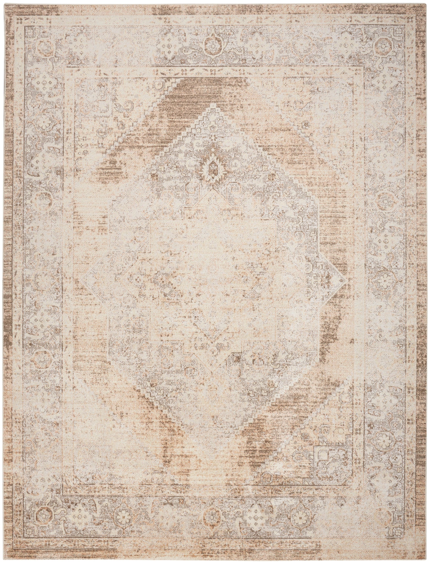 Beige distressed oriental area rug with faded central diamond medallion and ornate border.